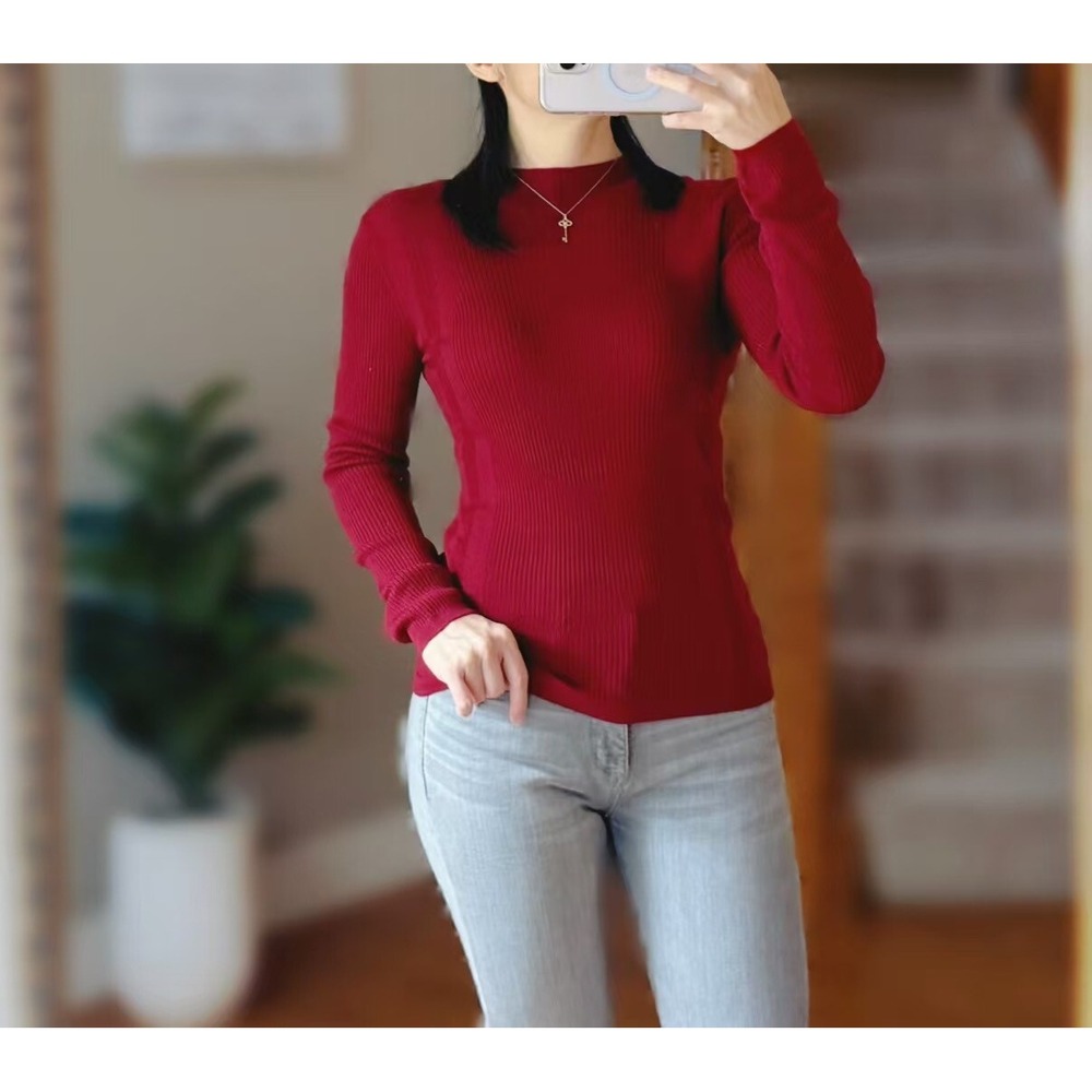 Elie Tahari Raspberry Mock Neck Ribbed Sweater Top Merino Wool Sz S